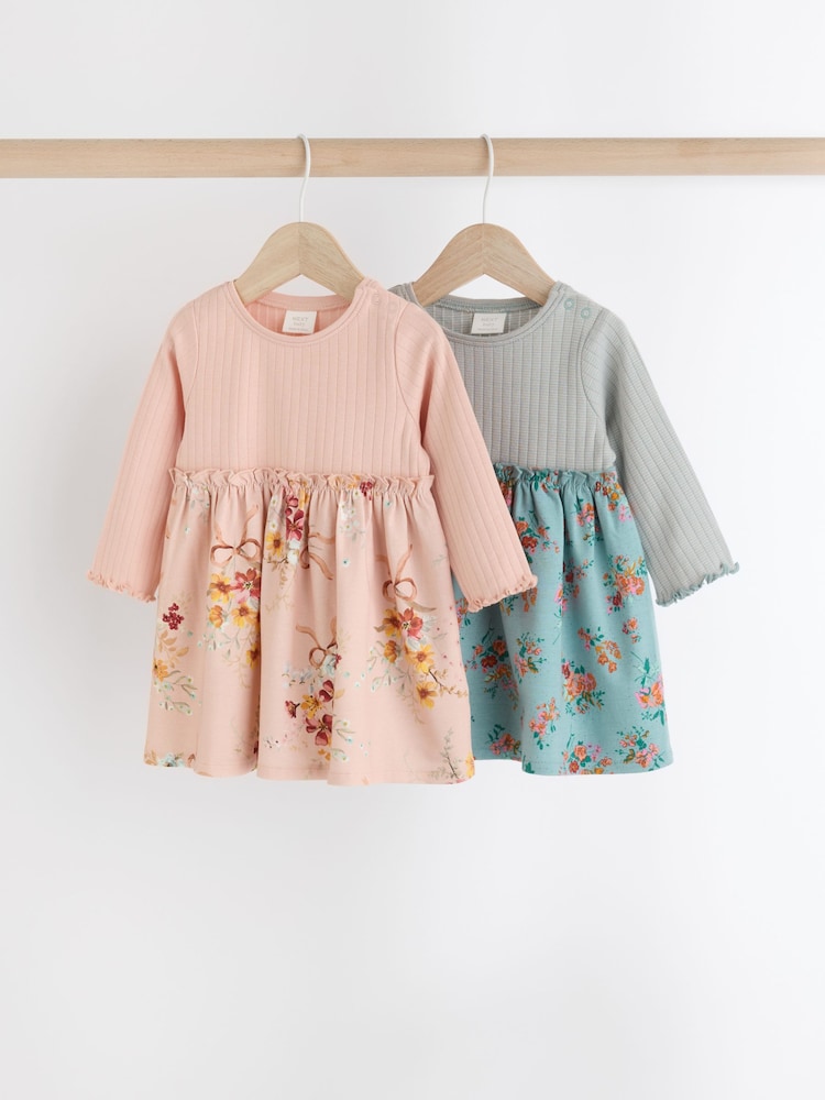 Pink/Blue Floral Baby Cotton Jersey Dresses 2 Pack (0mths-2yrs) - Image 1 of 9