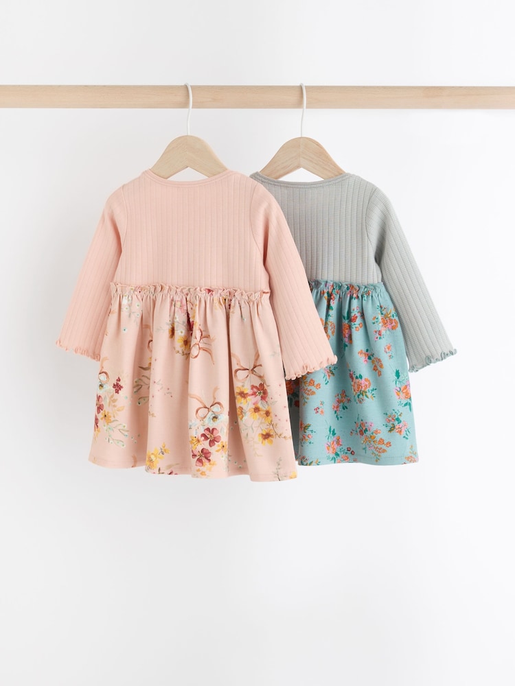 Pink/Blue Floral Baby Cotton Jersey Dresses 2 Pack (0mths-2yrs) - Image 2 of 9