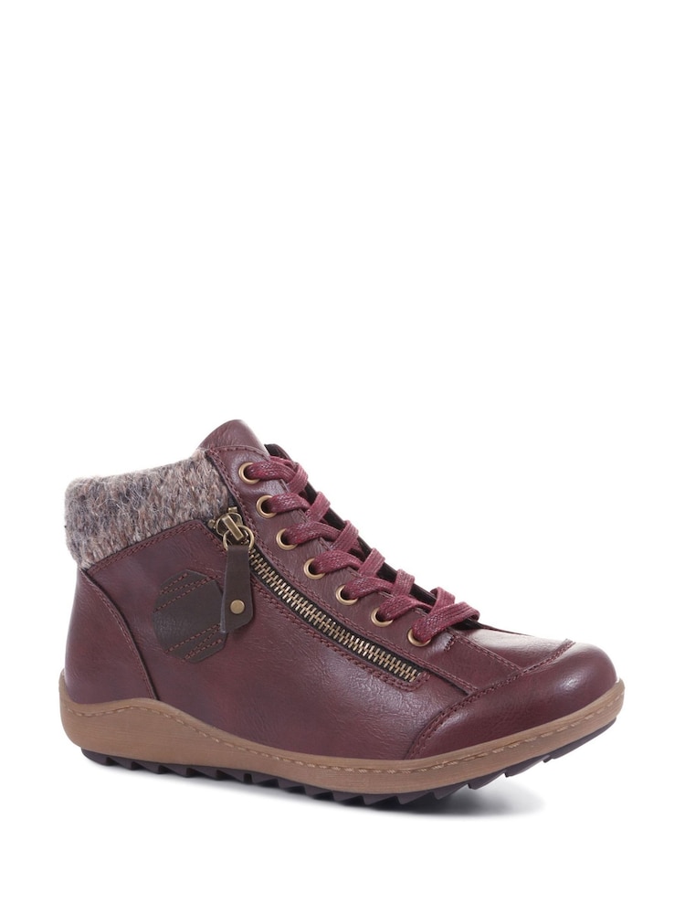 Pavers Burgundy Knitted cuff Lace up Ankle Boots - Image 2 of 6