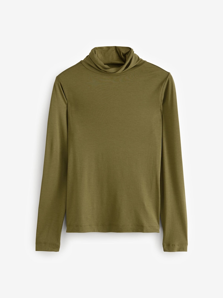 Buy Green Super Soft Modal Rib Roll Neck Long Sleeve Top from the