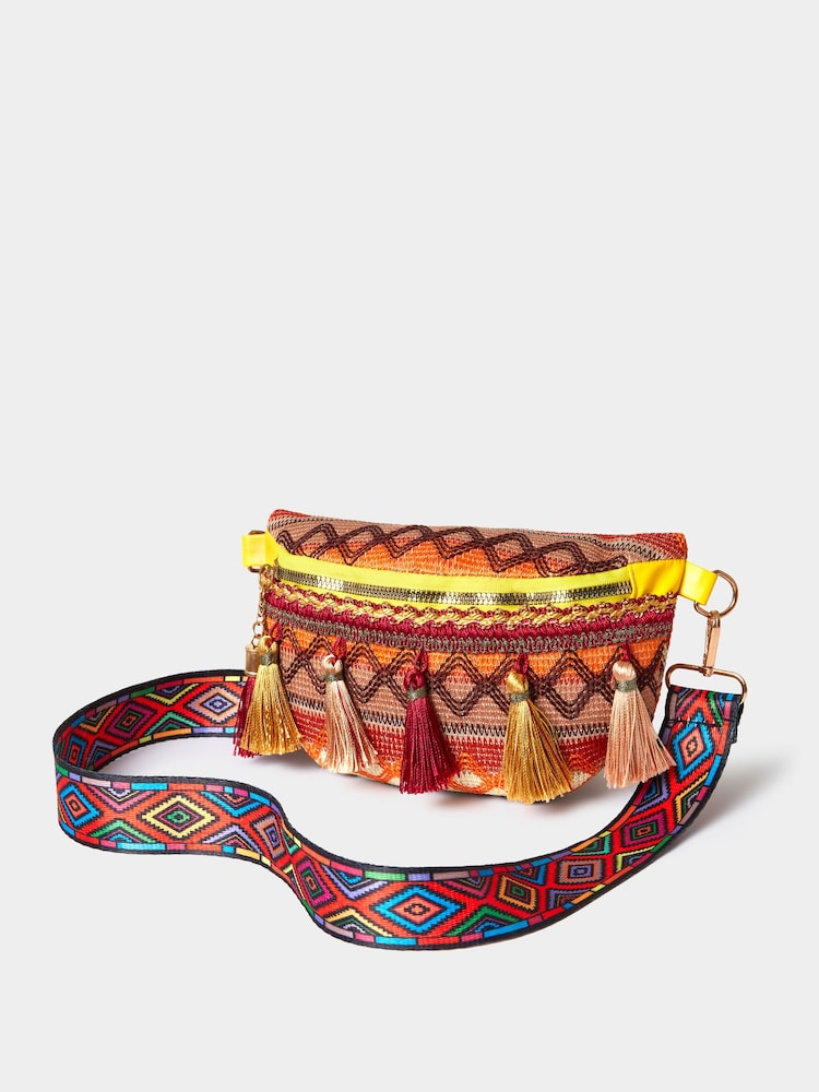 Joe Browns Orange Aztec Patterned Festival Tassel Trim Bum Bag - Image 2 of 3