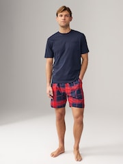 Navy Blue/Red 100% Cotton Check Pyjamas Shorts Set - Image 1 of 10