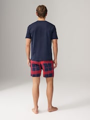 Navy Blue/Red 100% Cotton Check Pyjamas Shorts Set - Image 2 of 10