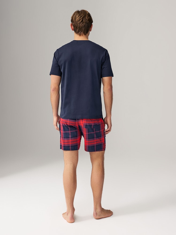 Navy Blue/Red 100% Cotton Check Pyjamas Shorts Set - Image 2 of 10
