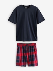 Navy Blue/Red 100% Cotton Check Pyjamas Shorts Set - Image 6 of 10