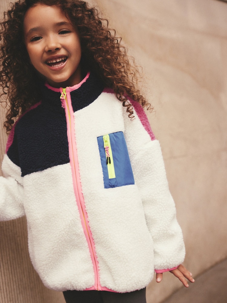 Ecru White Colour Block Borg Zip Through Jacket (3-16yrs) - Image 1 of 8