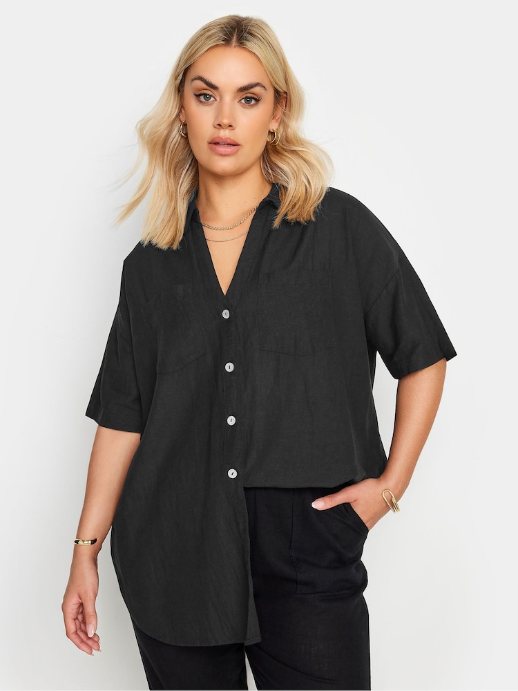 Yours Curve Black Utility Linen Shirt - Image 1 of 5