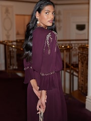 Love & Roses Berry Red Embellised Flute Sleeve Midi Dress - Image 3 of 4
