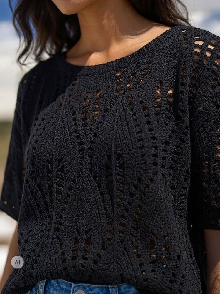 Roman Black Crochet Detail Knit Top - Image 4 of 4 Roman Black Crochet Detail Knit Top - Image 4 of 4