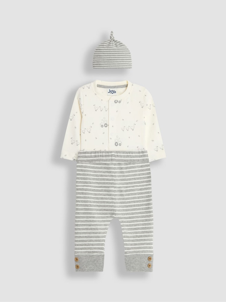 JoJo Maman Bébé Marl Grey Duck And Tractor Baby 3-Piece Bodysuit & Legging Set - Image 1 of 8