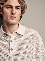 Ecru White Relaxed Fit Chenille Texture Polo Shirt - Image 1 of 7