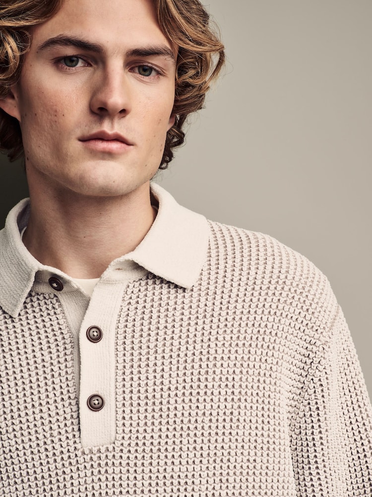 Ecru White Relaxed Fit Chenille Texture Polo Shirt - Image 1 of 7