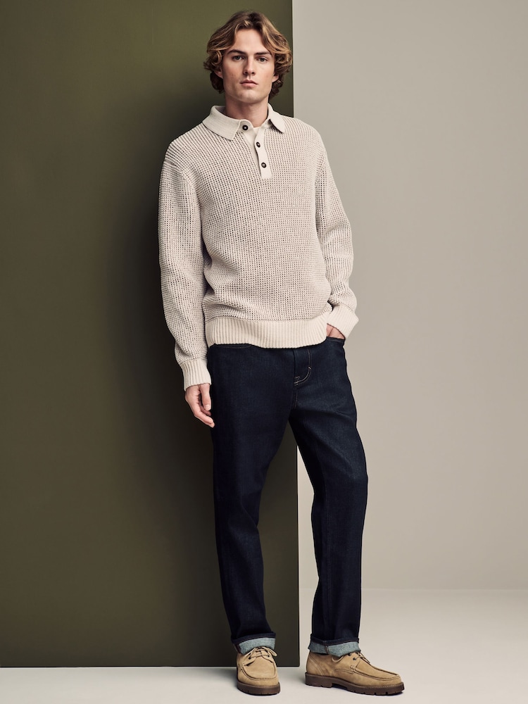Ecru White Relaxed Fit Chenille Texture Polo Shirt - Image 2 of 7
