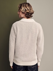 Ecru White Relaxed Fit Chenille Texture Polo Shirt - Image 3 of 7