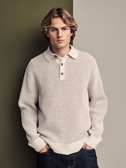 Ecru White Relaxed Fit Chenille Texture Polo Shirt - Image 4 of 7