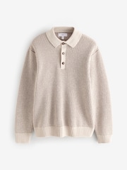Ecru White Relaxed Fit Chenille Texture Polo Shirt - Image 5 of 7