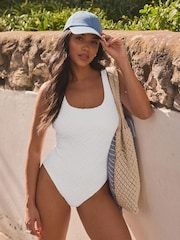 White Scoop Neck Tummy Control Swimsuit - Image 1 of 7