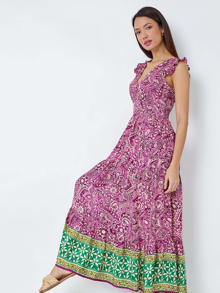 Roman Purple Paisley Frilled Border Print Maxi Dress - Image 1 of 5