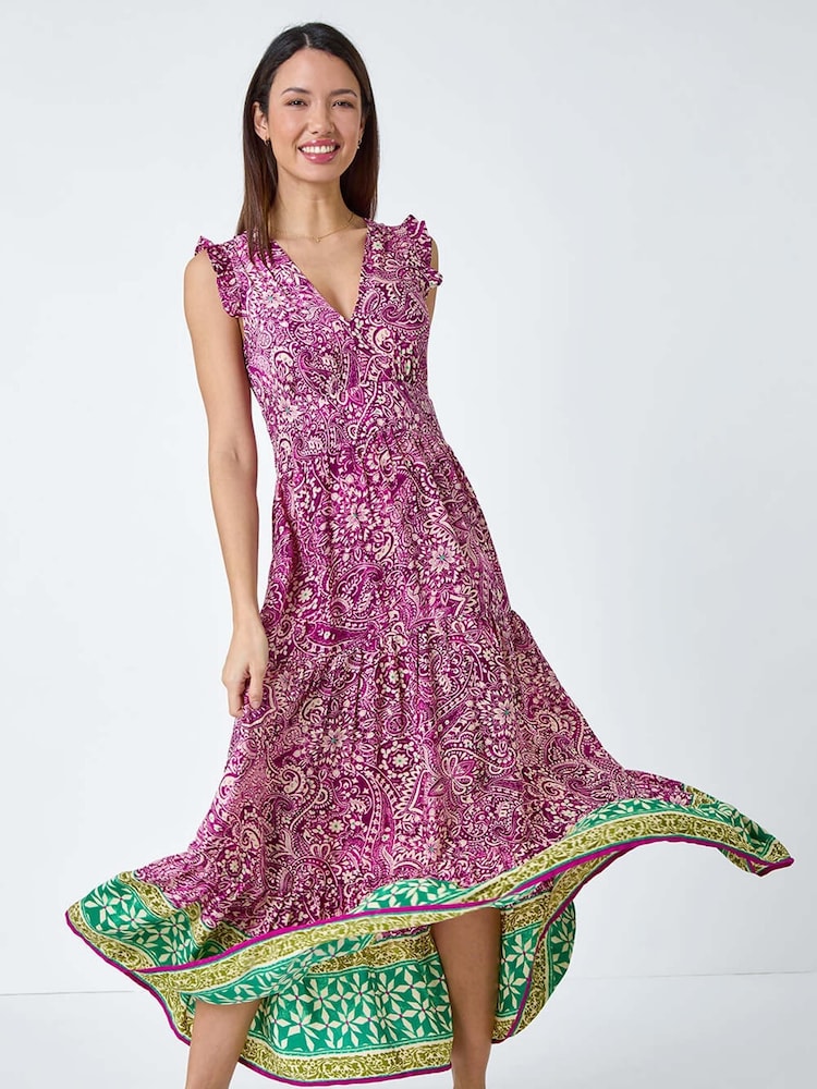 Roman Purple Paisley Frilled Border Print Maxi Dress - Image 2 of 5