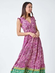Roman Purple Paisley Frilled Border Print Maxi Dress - Image 4 of 5