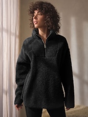 Black Velour Lined Borg Half Zip Fleece - Image 1 of 6