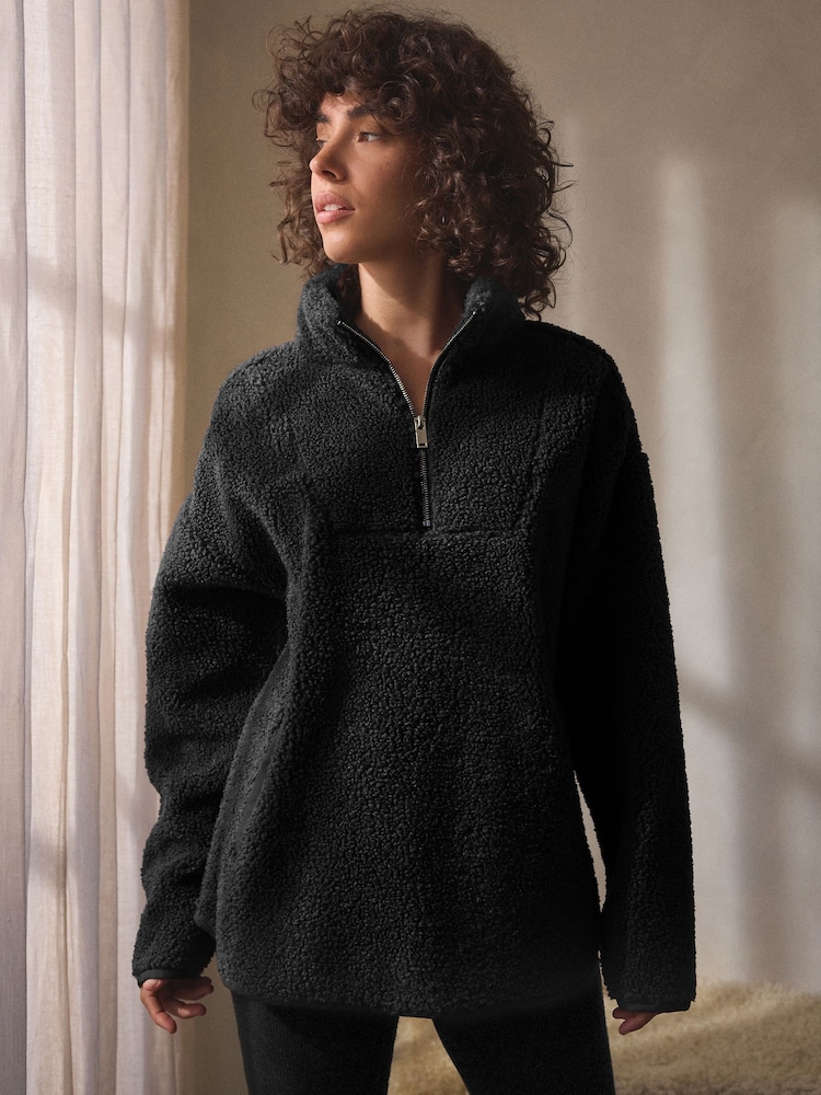 Black Velour Lined Borg Half Zip Fleece - Image 1 of 6