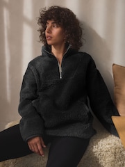 Black Velour Lined Borg Half Zip Fleece - Image 2 of 6