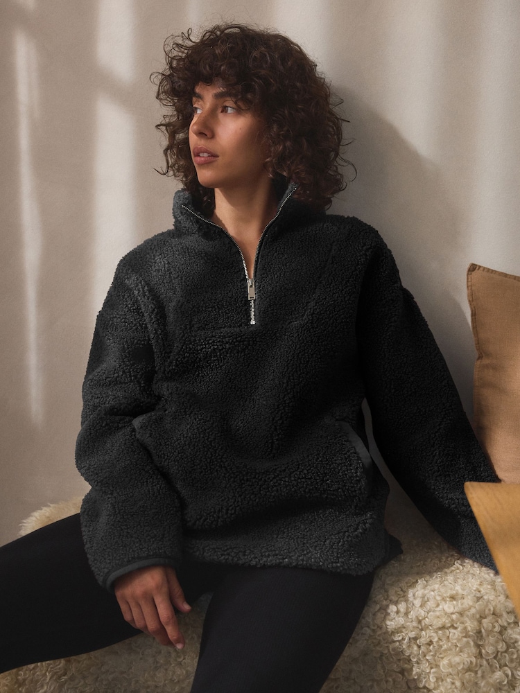 Black Velour Lined Borg Half Zip Fleece - Image 2 of 6