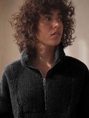 Black Velour Lined Borg Half Zip Fleece - Image 5 of 6