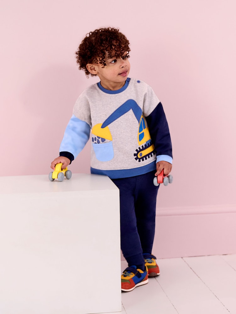 JoJo Maman Bébé Grey Marl Digger Colour Block Appliqué Sweatshirt & Jogger Set - Image 1 of 8