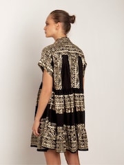Greek Archaic Kori Embroidered 100% Cotton Tiered Black Mini Dress - Image 2 of 3