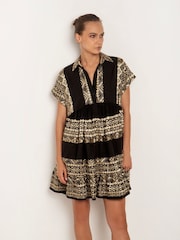 Greek Archaic Kori Embroidered 100% Cotton Tiered Black Mini Dress - Image 3 of 3