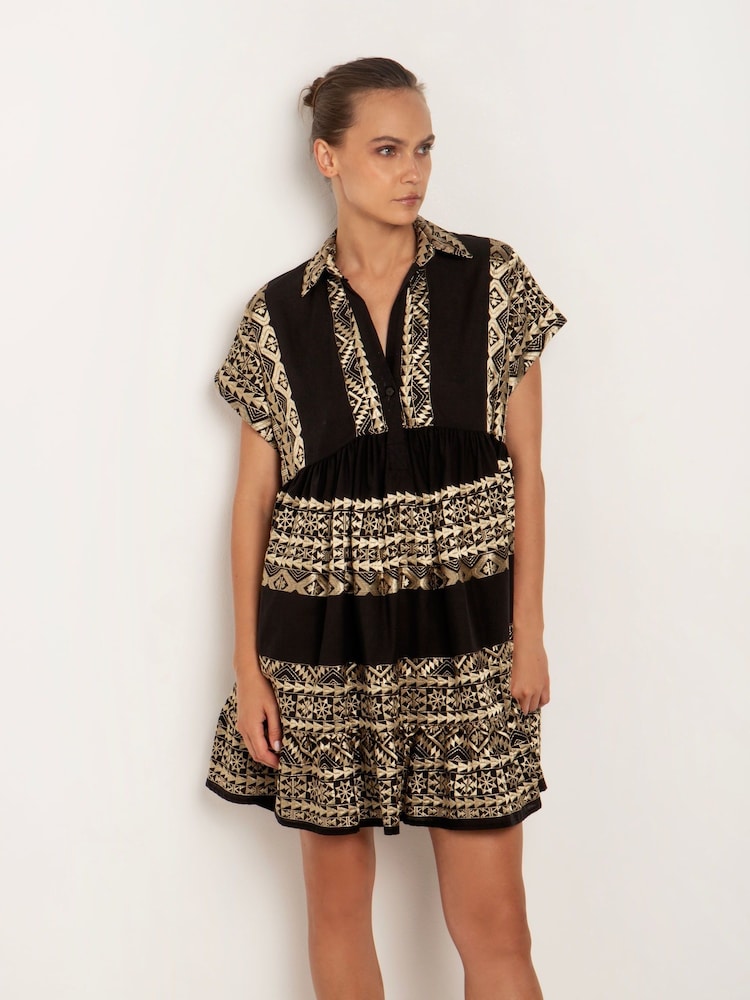 Greek Archaic Kori Embroidered 100% Cotton Tiered Black Mini Dress - Image 3 of 3