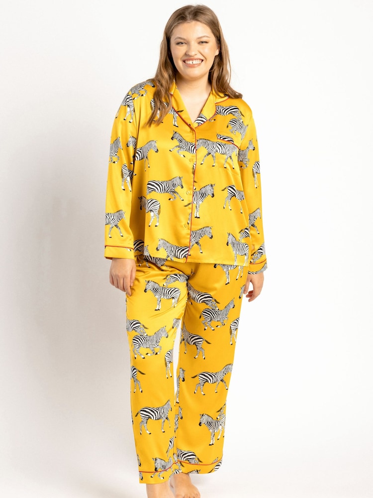 Chelsea Peers Yellow Curve Satin Mustard Zebra Print Long Pyjama Set - Image 5 of 5