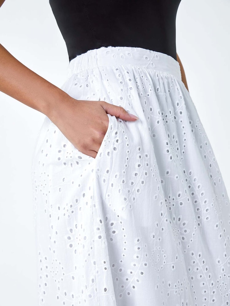 Roman White 100% Cotton Broderie Pocket Midi Skirt - Image 5 of 5