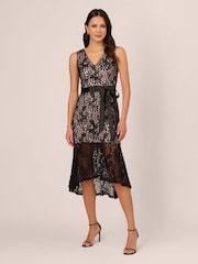 Adrianna Papell Lace Midi Flounce Black Dress - Image 1 of 7