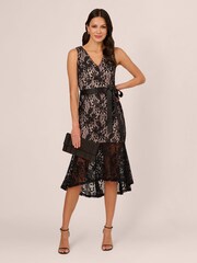 Adrianna Papell Lace Midi Flounce Black Dress - Image 3 of 7