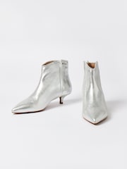 Oliver Bonas Silver Pointed Kitten Heel Leather Boots - Image 1 of 7