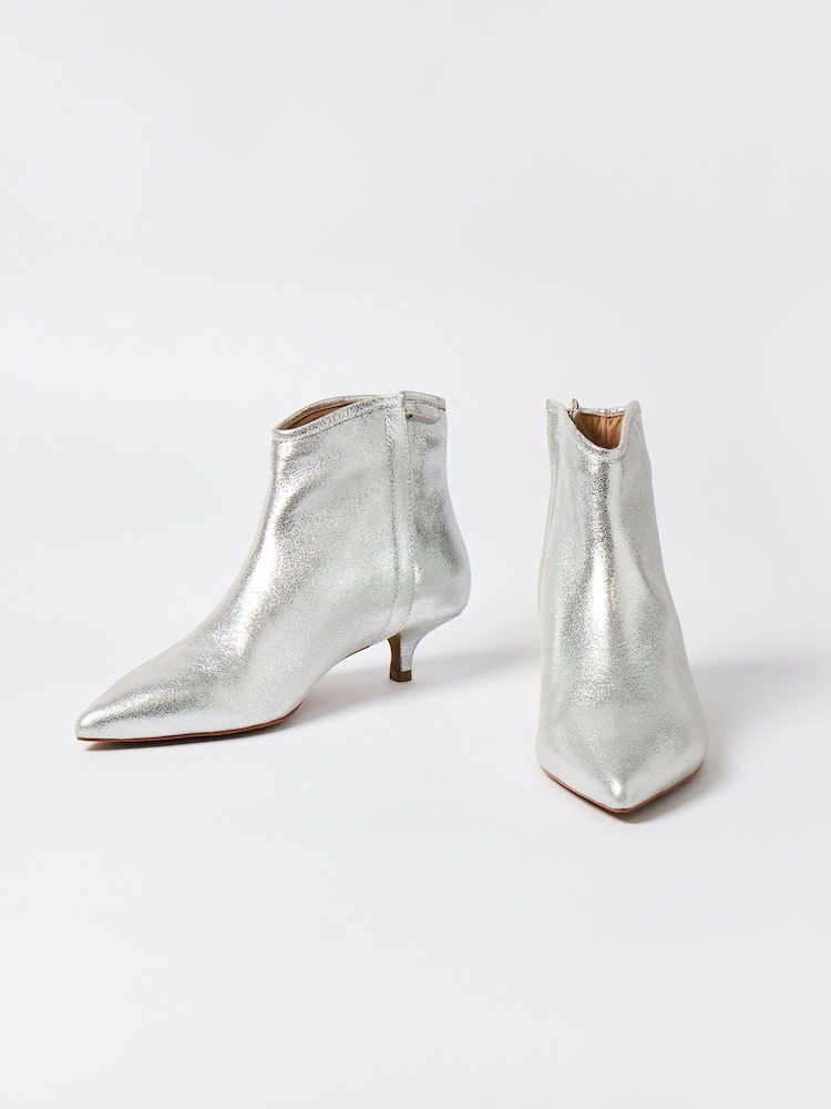 Oliver Bonas Silver Pointed Kitten Heel Leather Boots - Image 1 of 7 Oliver Bonas Silver Pointed Kitten Heel Leather Boots - Image 1 of 7