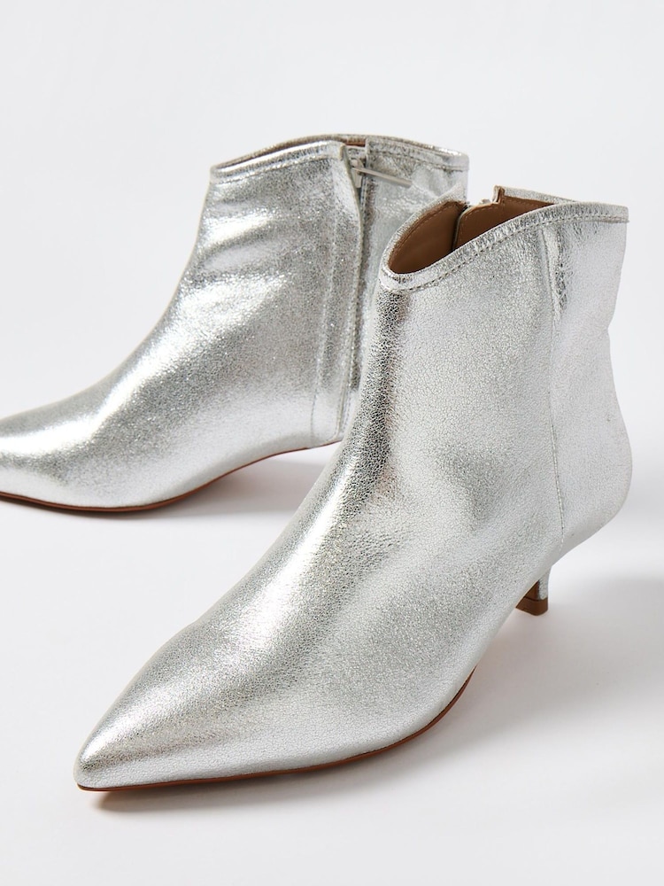 Oliver Bonas Silver Pointed Kitten Heel Leather Boots - Image 2 of 7 Oliver Bonas Silver Pointed Kitten Heel Leather Boots - Image 2 of 7