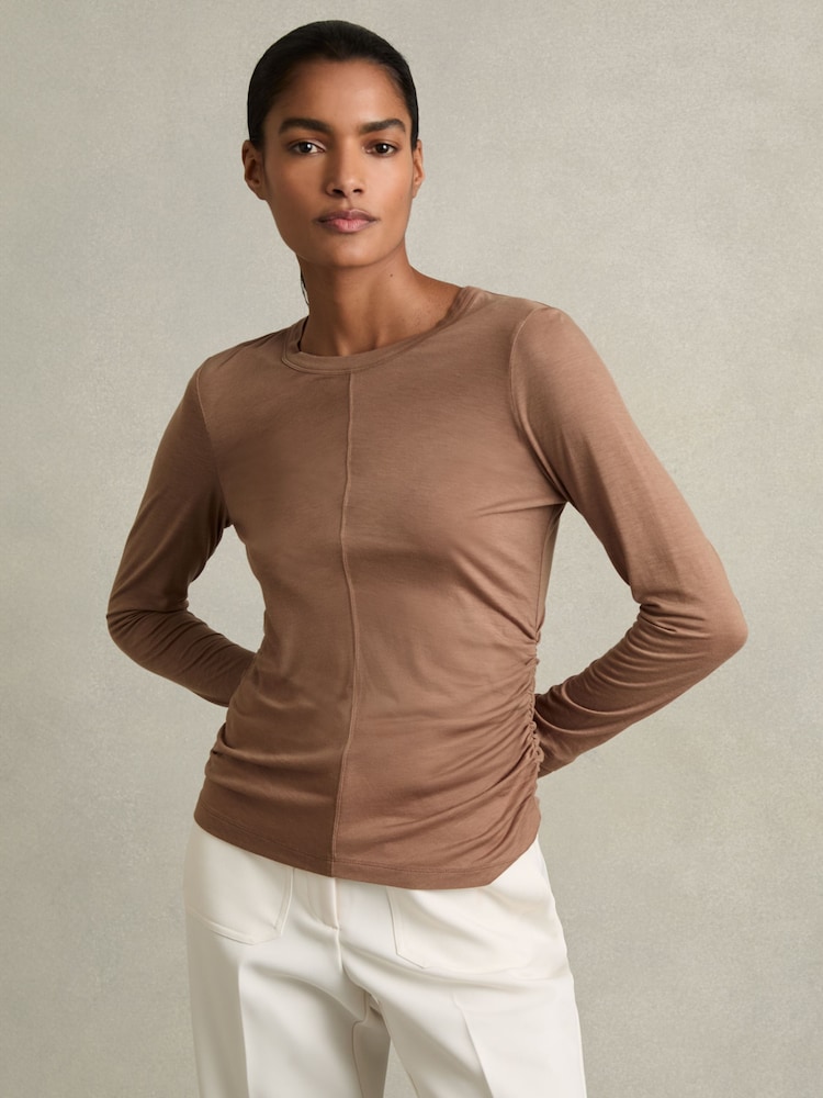 Reiss Mink Sierra Ruched Side Crew-Neck Top - Image 1 of 6