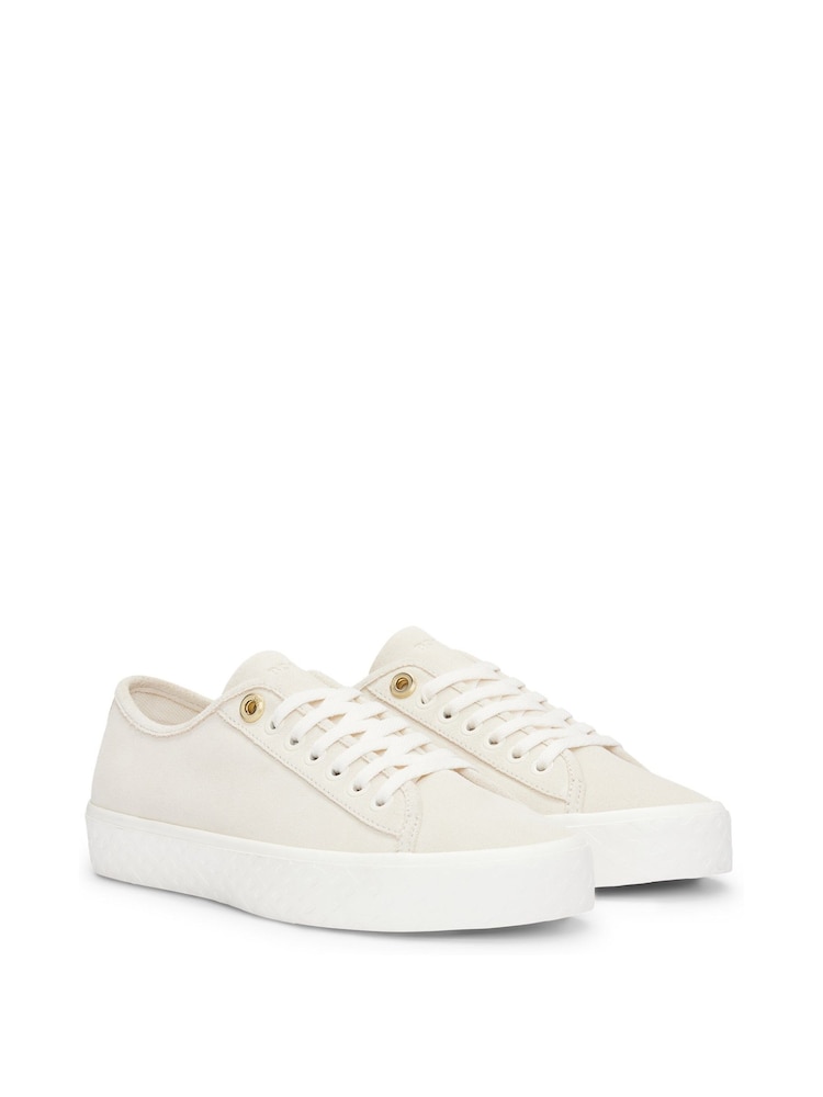 BOSS White Suede Lace Up Trainers With Branded Eyelets - Image 1 of 3 BOSS White Suede Lace Up Trainers With Branded Eyelets - Image 1 of 3