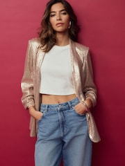 Rose Pink Sequin Ruched Sleeve Blazer - Image 1 of 9