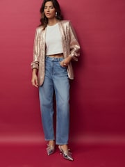 Rose Pink Sequin Ruched Sleeve Blazer - Image 2 of 9