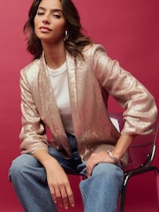 Rose Pink Sequin Ruched Sleeve Blazer - Image 3 of 9