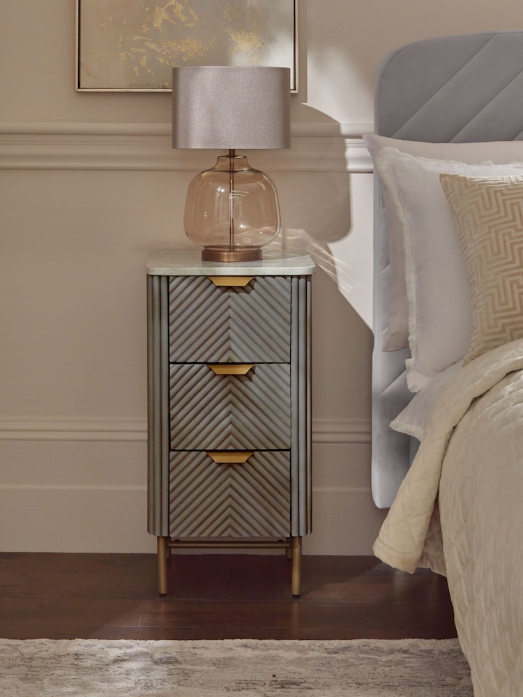 Dark Grey Valencia Marble and Mango Wood 3 Drawer Slim Bedside Table - Image 1 of 10
