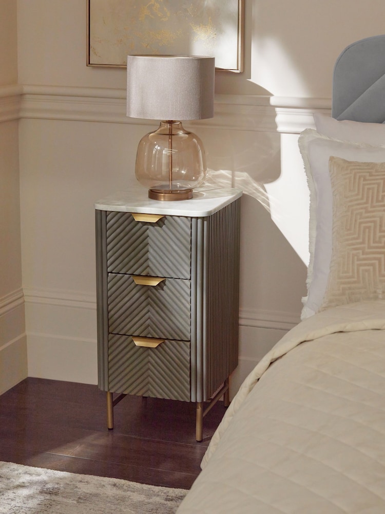 Dark Grey Valencia Marble and Mango Wood 3 Drawer Slim Bedside Table - Image 2 of 10