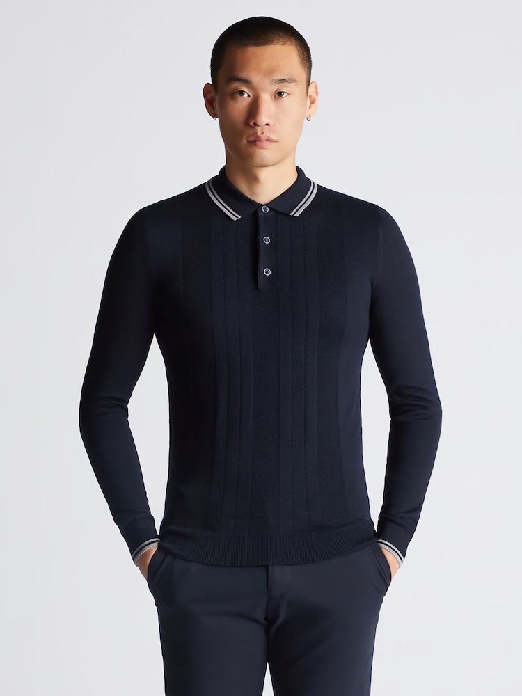 Remus Uomo Navy Long Sleeve Knitted Tipped Polo Shirt - Image 1 of 6 Remus Uomo Navy Long Sleeve Knitted Tipped Polo Shirt - Image 1 of 6