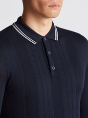 Remus Uomo Navy Long Sleeve Knitted Tipped Polo Shirt - Image 3 of 6