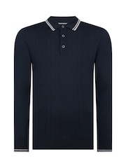 Remus Uomo Navy Long Sleeve Knitted Tipped Polo Shirt - Image 6 of 6